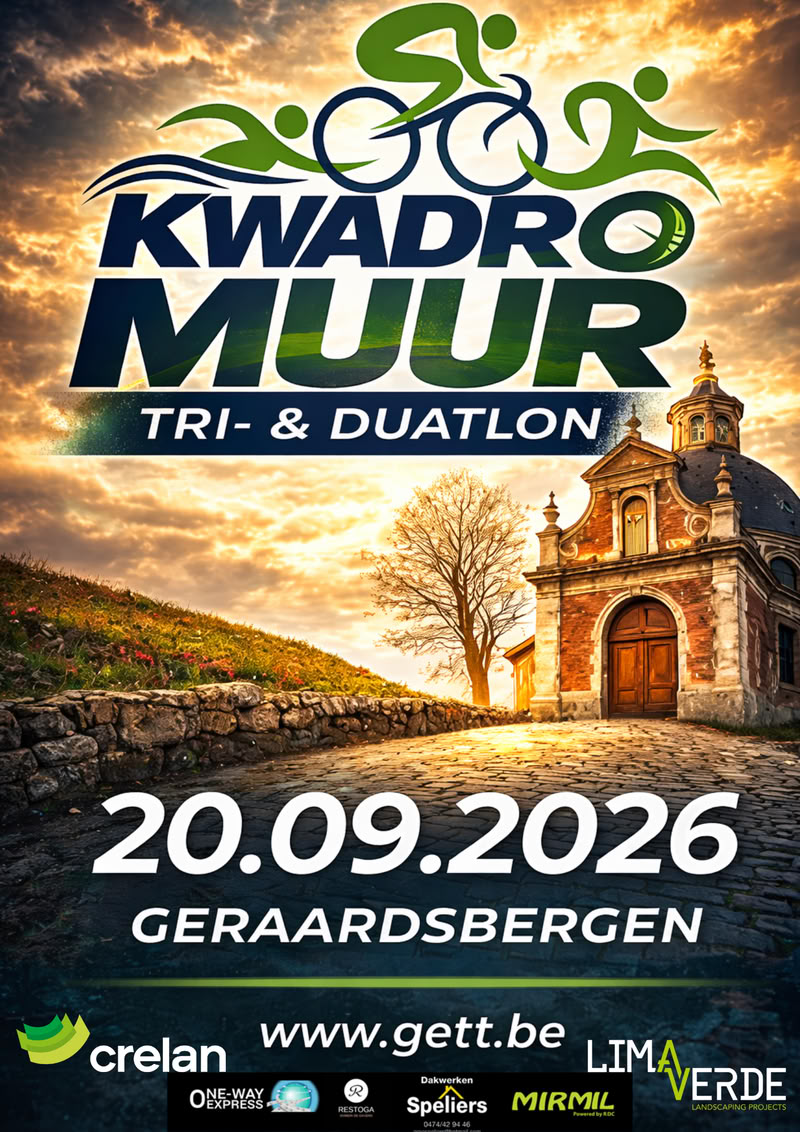 Poster for the KwadrO Muur Tri- & Duathlon on 20 September 2026 in Geraardsbergen, showing the Oudenberg chapel above the cobbled road